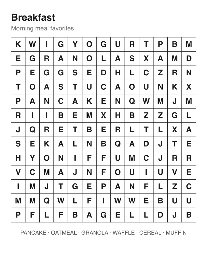 Breakfast word search puzzle, 13 by 13 grid