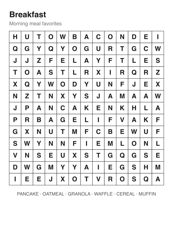 Breakfast word search puzzle, 13 by 13 grid