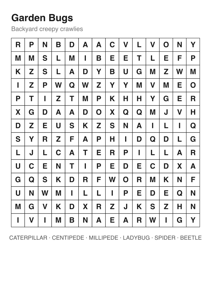 Garden Bugs word search puzzle, 14 by 14 grid
