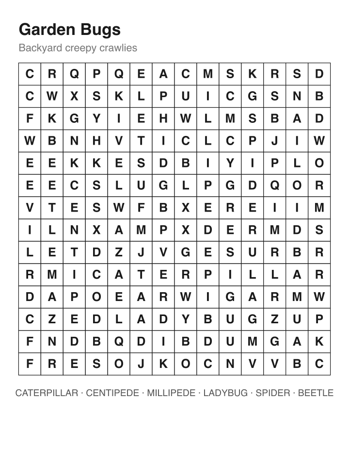 Garden Bugs word search puzzle, 14 by 14 grid