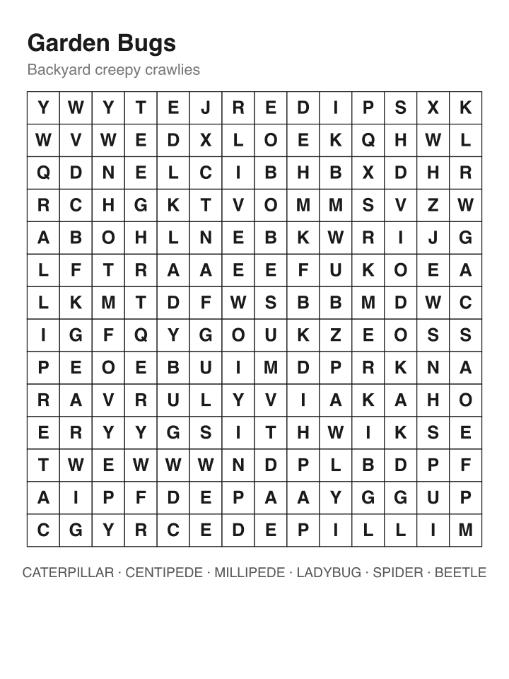 Garden Bugs word search puzzle, 14 by 14 grid