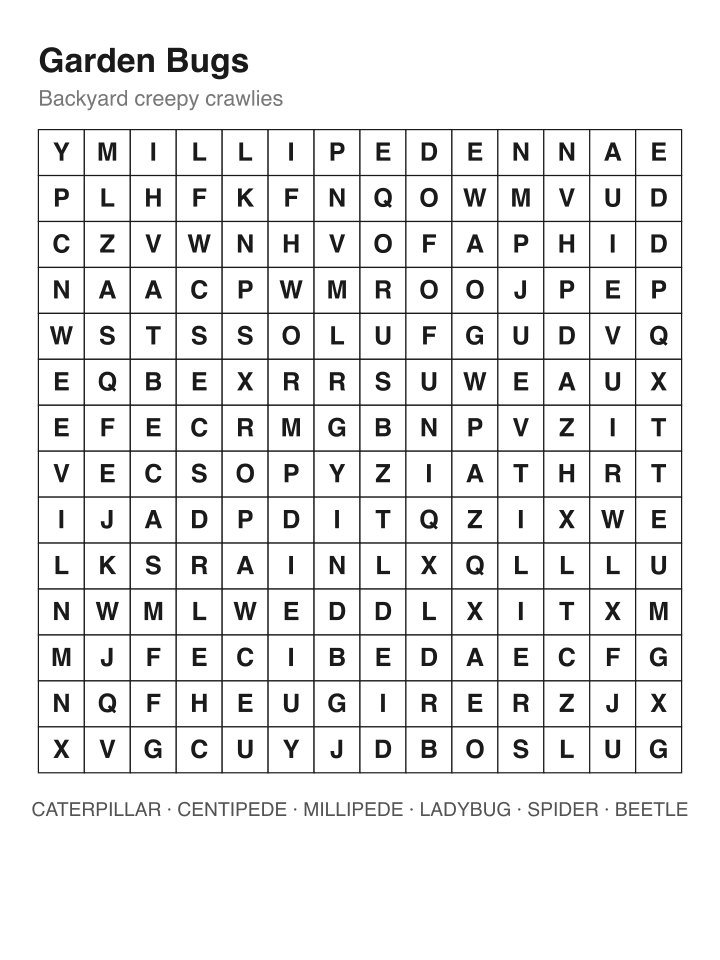 Garden Bugs word search puzzle, 14 by 14 grid