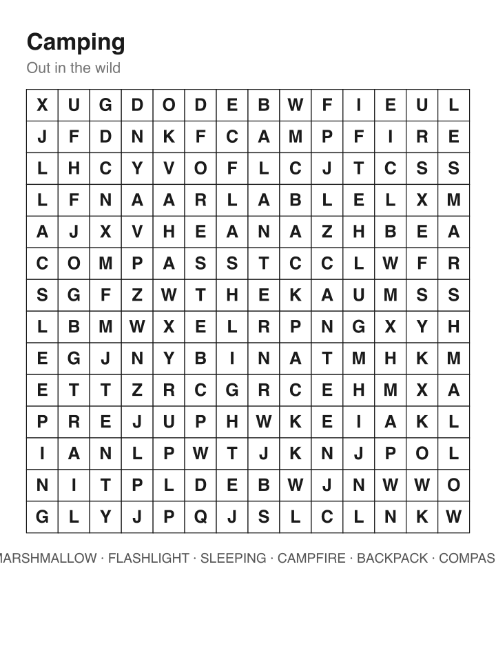 Camping word search puzzle, 14 by 14 grid