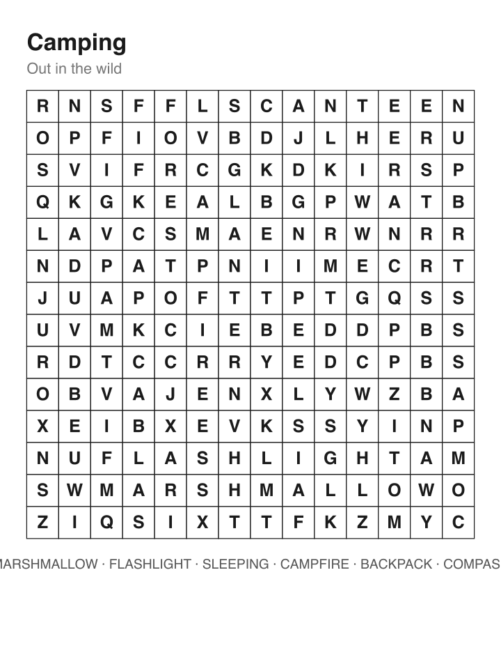 Camping word search puzzle, 14 by 14 grid