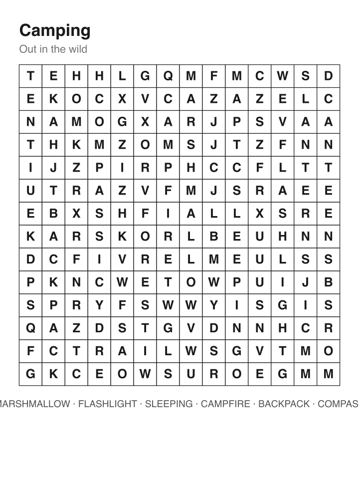 Camping word search puzzle, 14 by 14 grid
