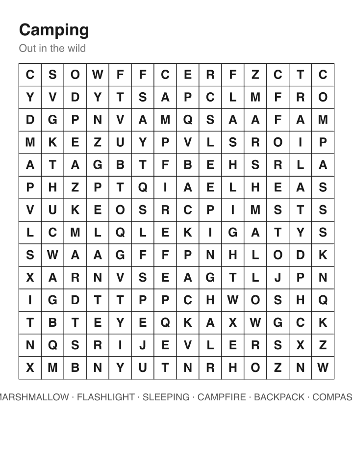 Camping word search puzzle, 14 by 14 grid