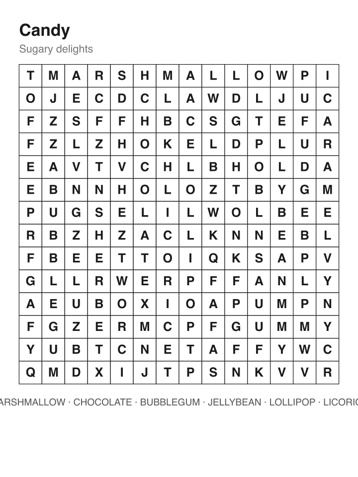 Candy word search puzzle, 14 by 14 grid