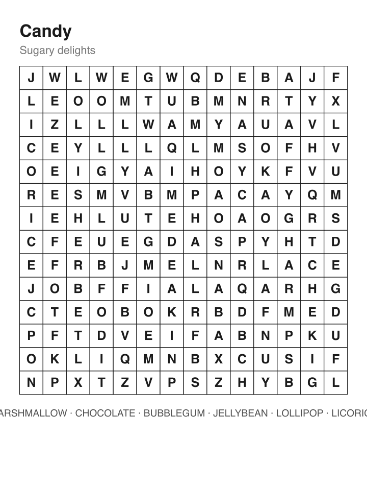 Candy word search puzzle, 14 by 14 grid