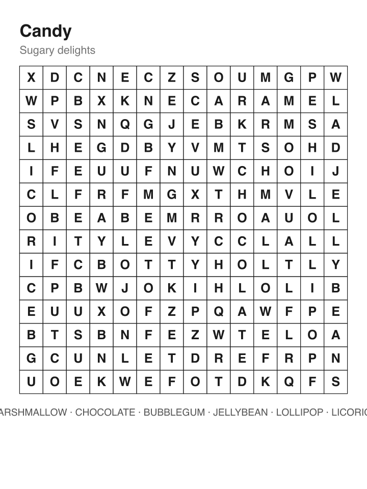 Candy word search puzzle, 14 by 14 grid
