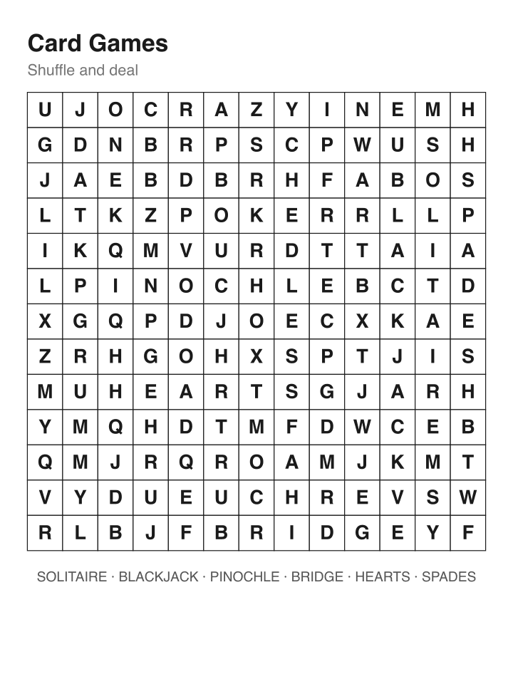 Card Games word search puzzle, 13 by 13 grid