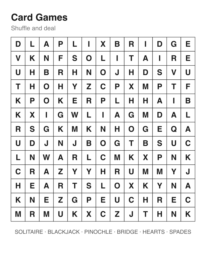 Card Games word search puzzle, 13 by 13 grid