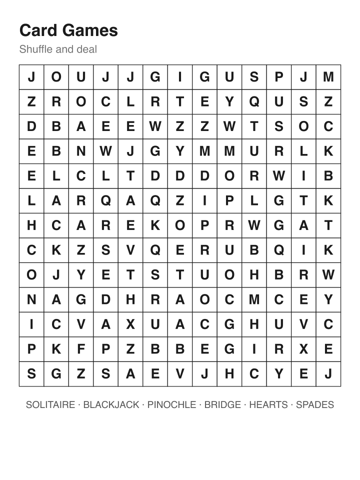 Card Games word search puzzle, 13 by 13 grid