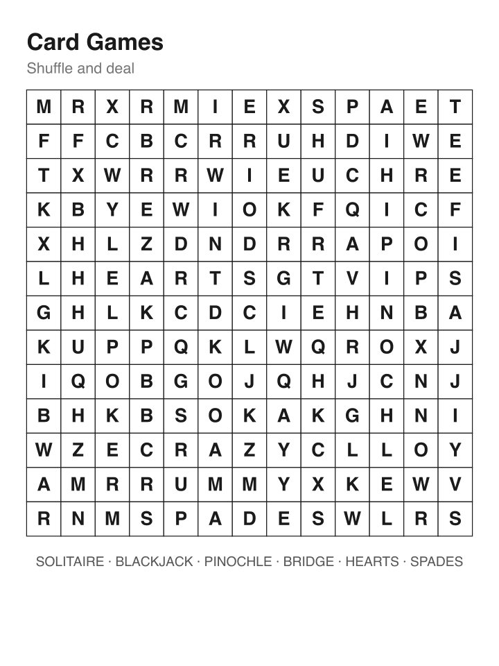 Card Games word search puzzle, 13 by 13 grid