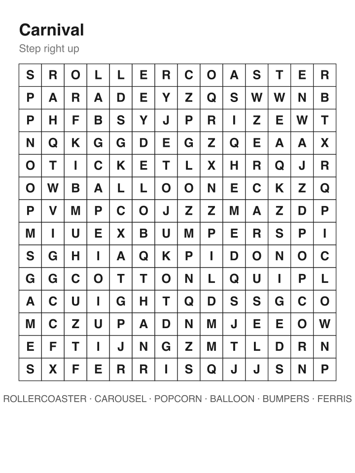 Carnival word search puzzle, 14 by 14 grid