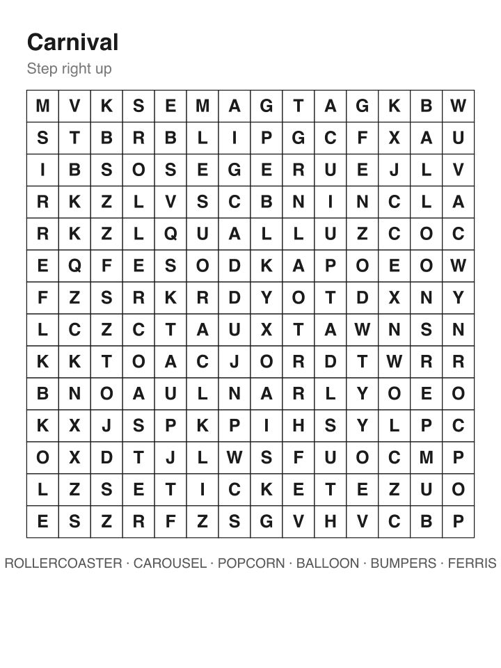 Carnival word search puzzle, 14 by 14 grid