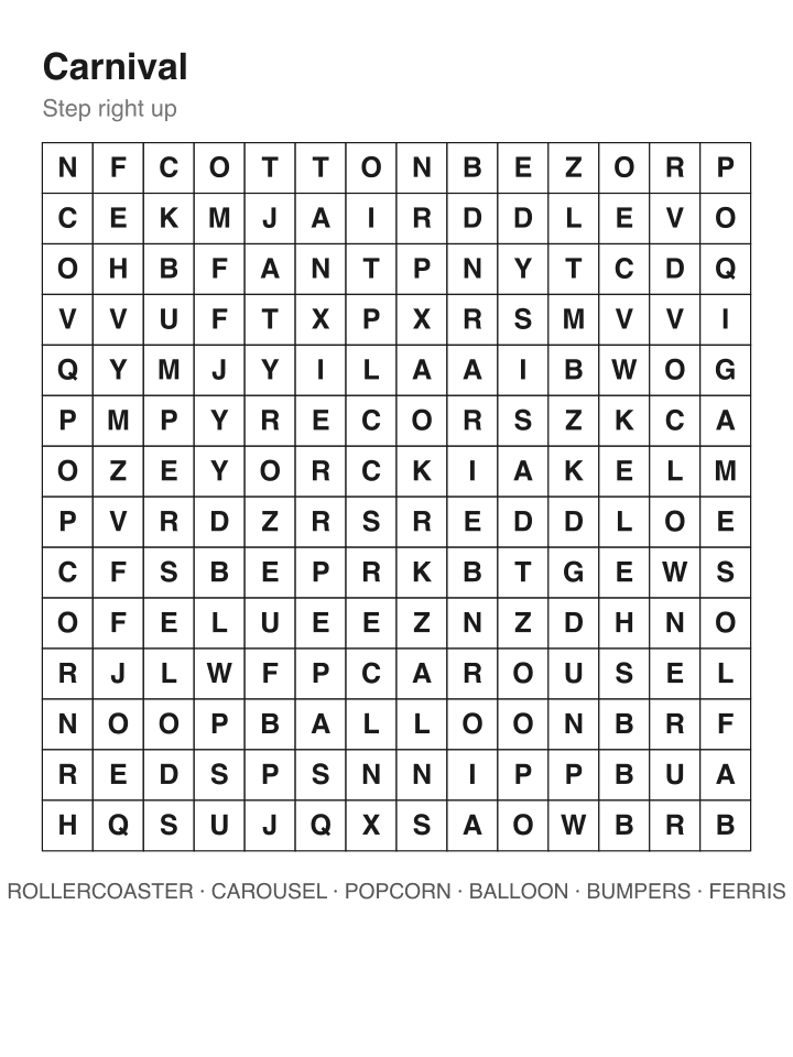 Carnival word search puzzle, 14 by 14 grid