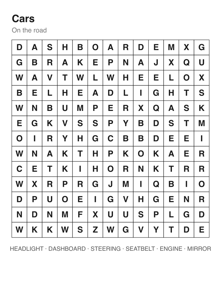 Cars word search puzzle, 13 by 13 grid