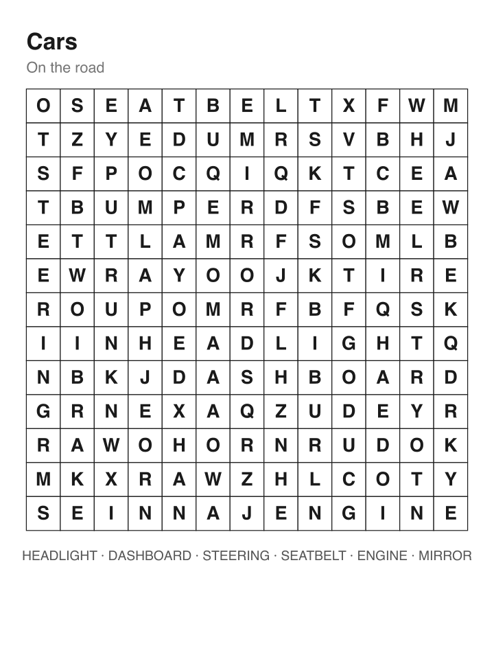Cars word search puzzle, 13 by 13 grid