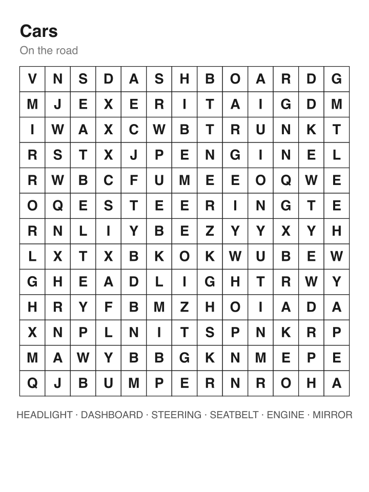 Cars word search puzzle, 13 by 13 grid