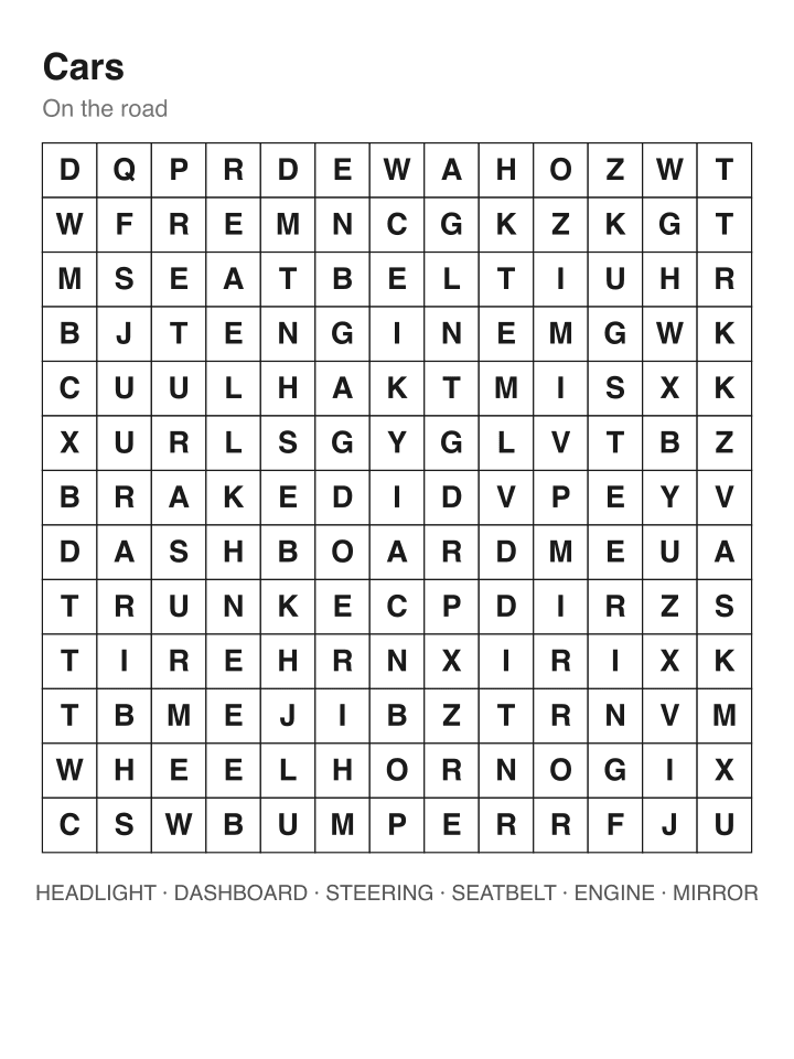 Cars word search puzzle, 13 by 13 grid