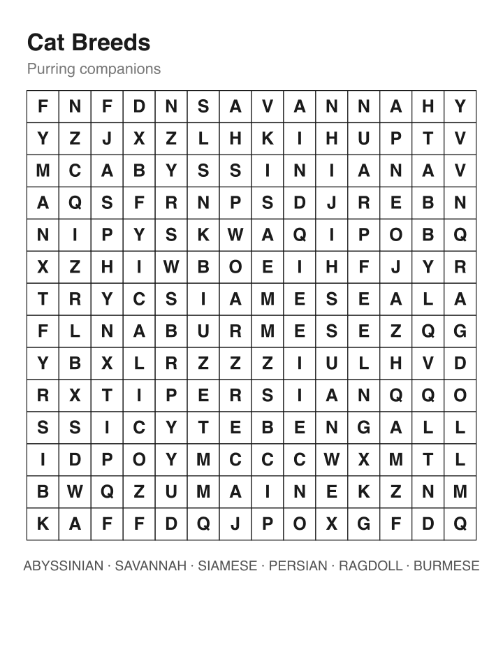 Cat Breeds word search puzzle, 14 by 14 grid