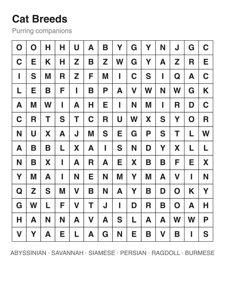 Cat Breeds word search puzzle, 14 by 14 grid