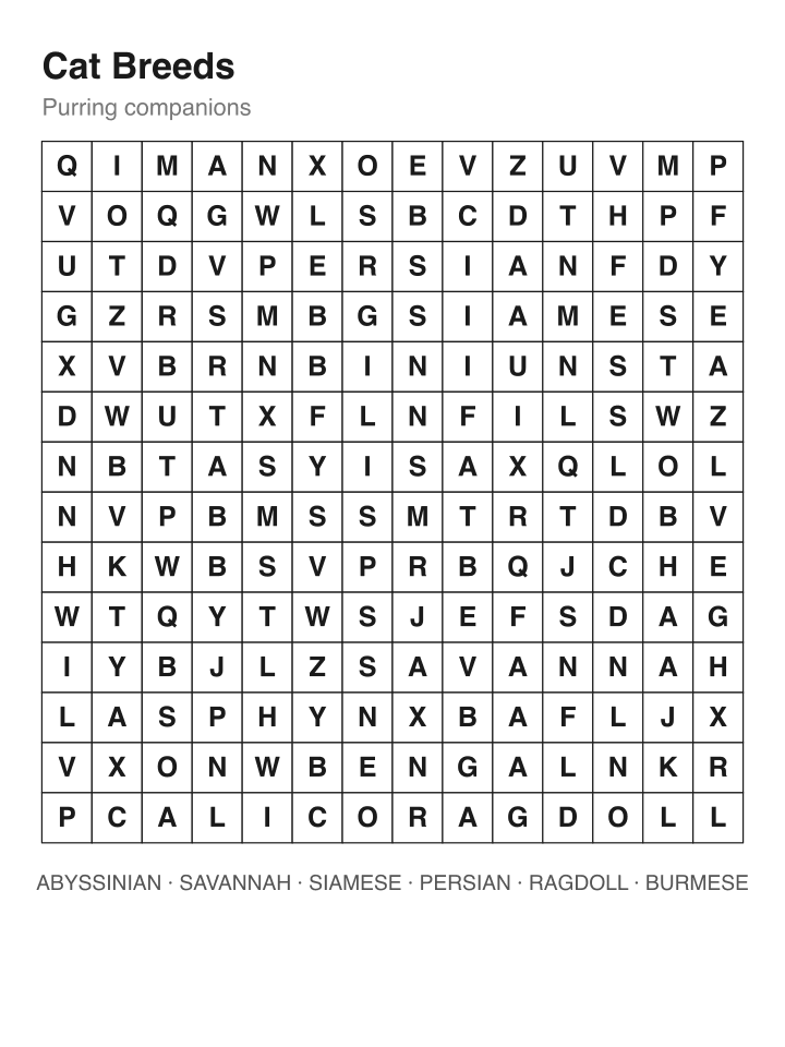 Cat Breeds Word Search · Medium