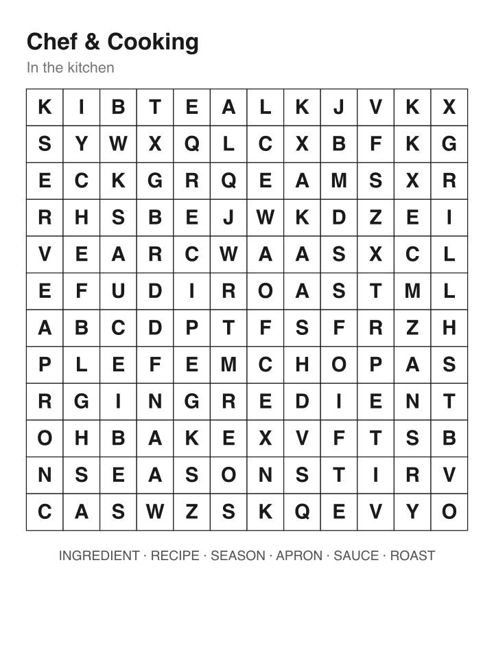 Chef & Cooking word search puzzle, 12 by 12 grid