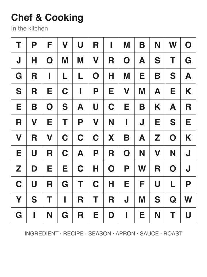 Chef & Cooking word search puzzle, 12 by 12 grid
