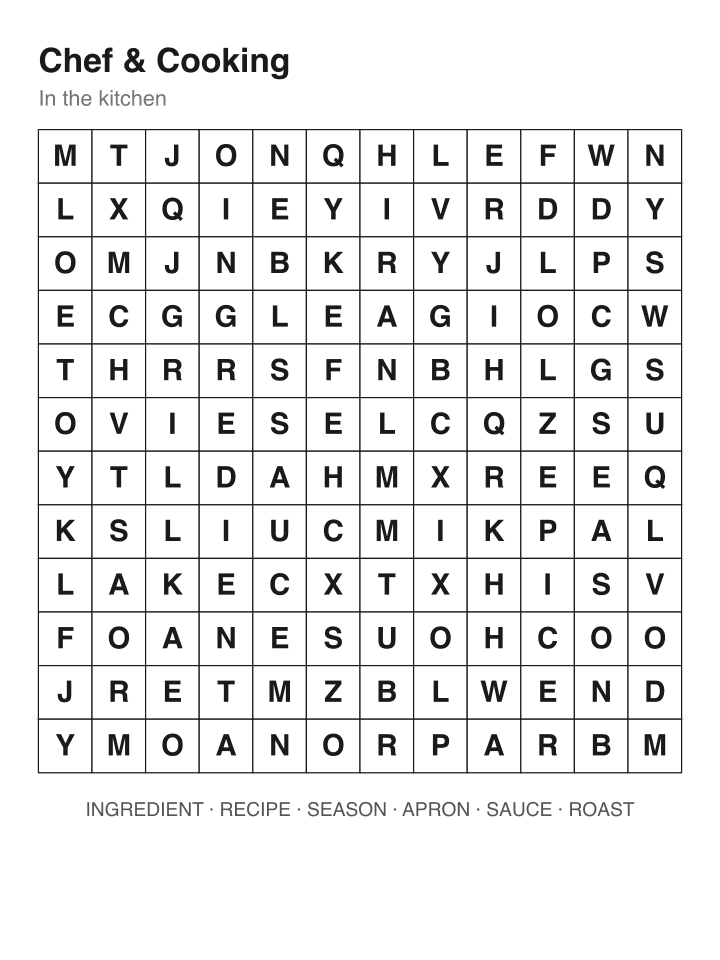 Chef & Cooking word search puzzle, 12 by 12 grid