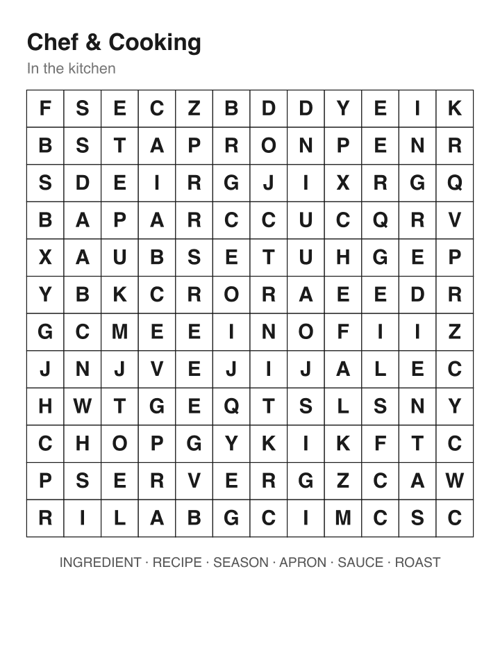 Chef & Cooking word search puzzle, 12 by 12 grid
