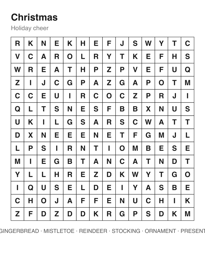 Christmas word search puzzle, 14 by 14 grid