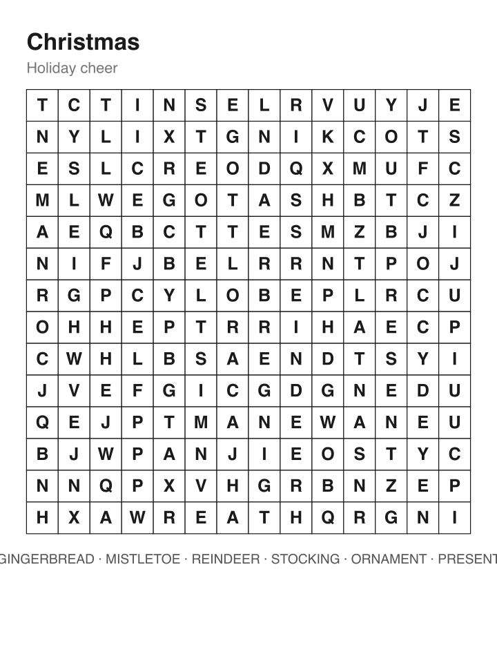 Christmas word search puzzle, 14 by 14 grid
