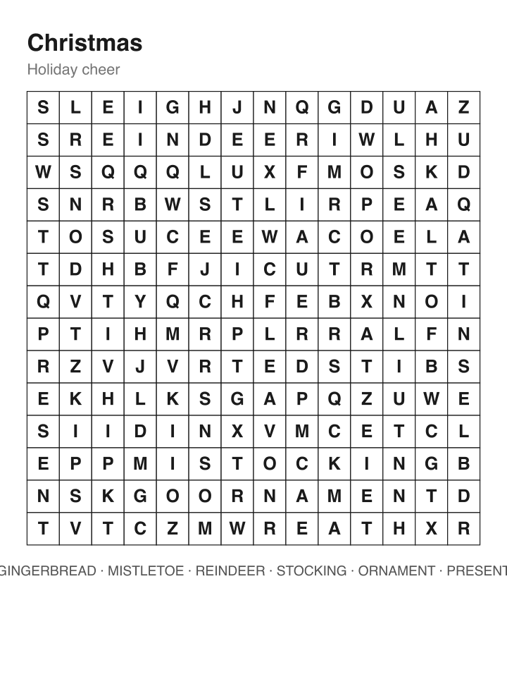 Christmas word search puzzle, 14 by 14 grid