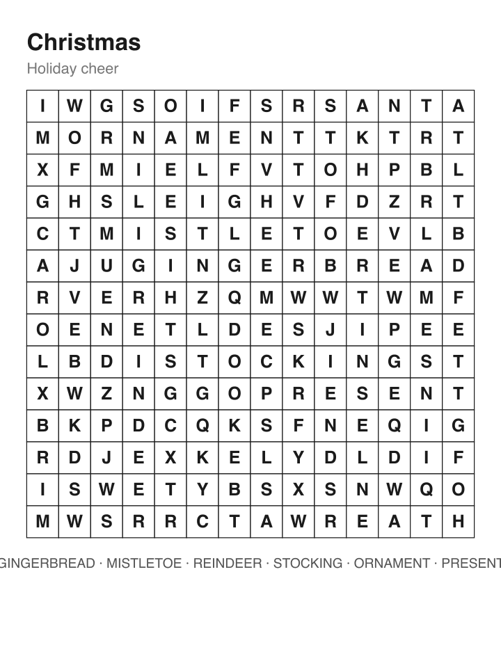 Christmas word search puzzle, 14 by 14 grid