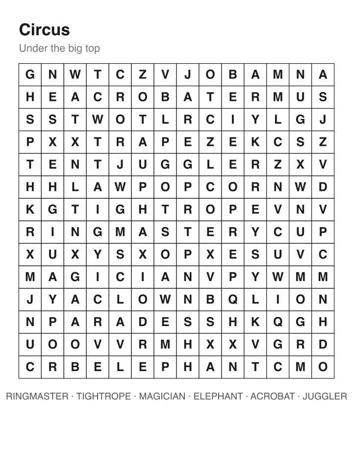 Circus word search puzzle, 14 by 14 grid