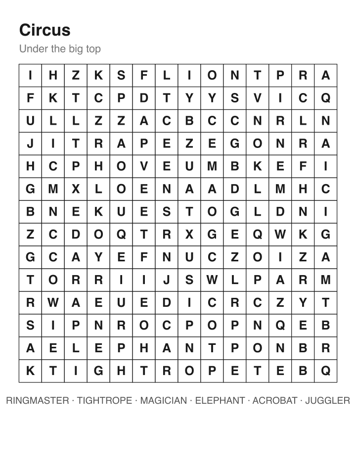 Circus word search puzzle, 14 by 14 grid