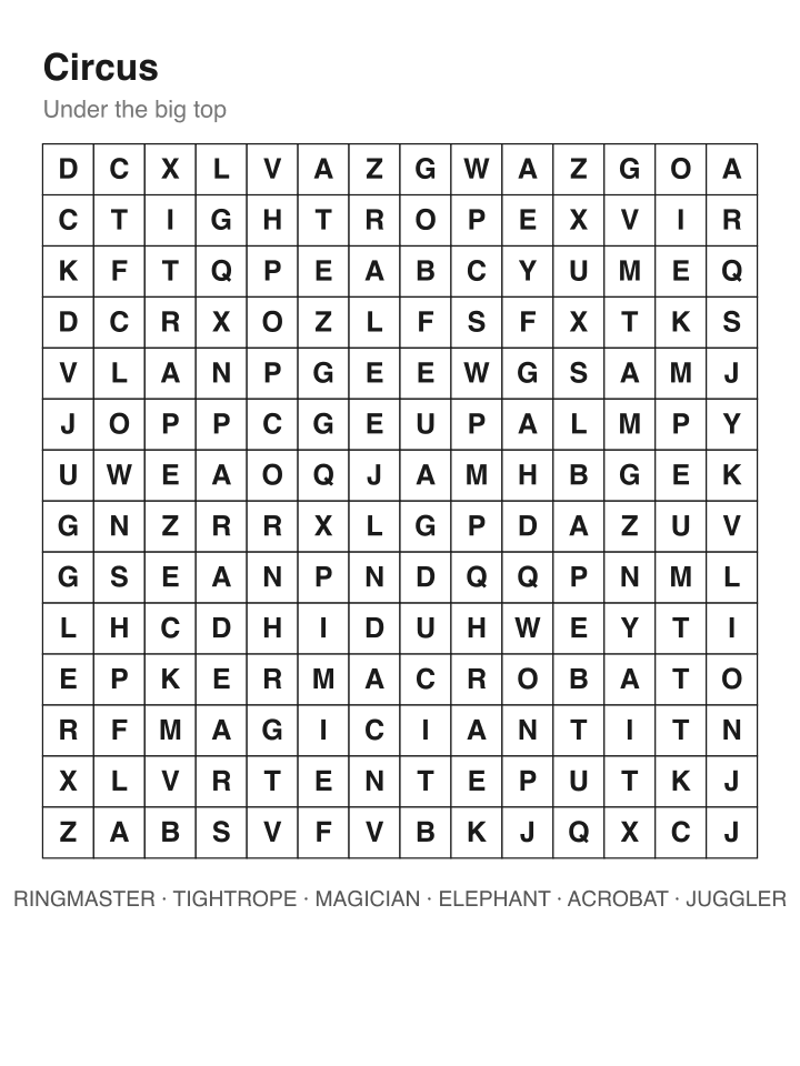 Circus word search puzzle, 14 by 14 grid