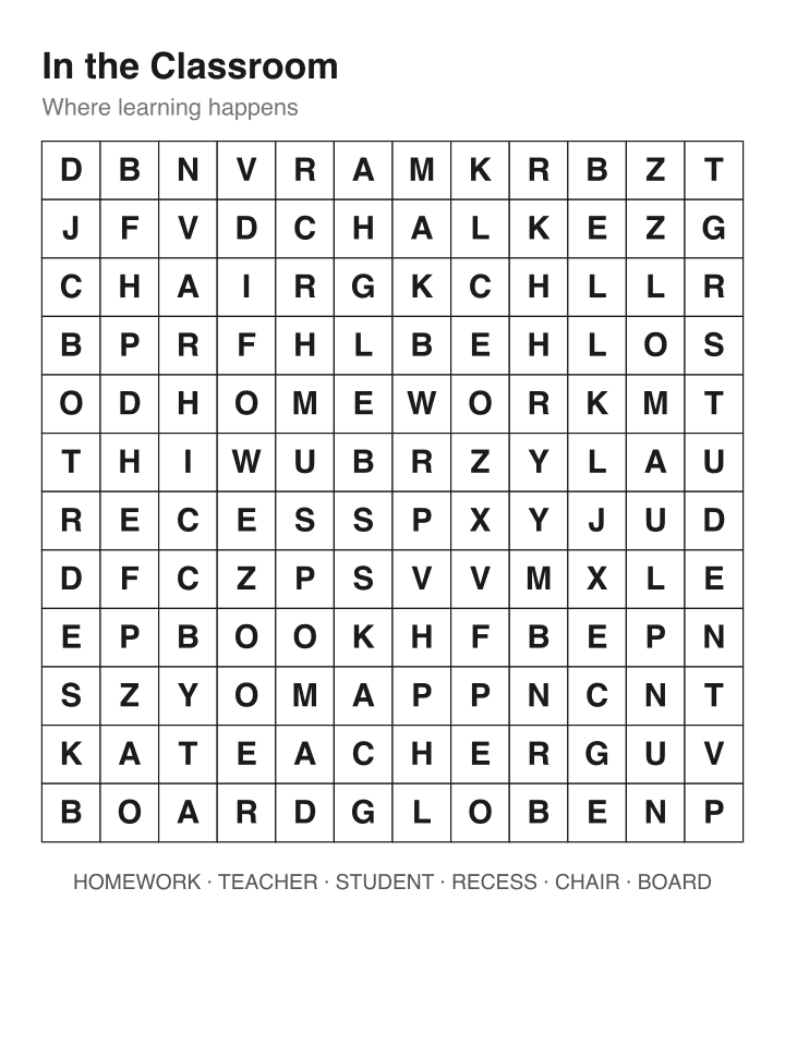 In the Classroom word search puzzle, 12 by 12 grid