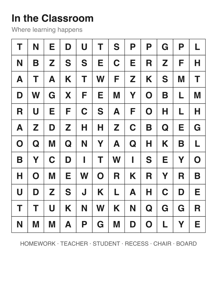 In the Classroom word search puzzle, 12 by 12 grid