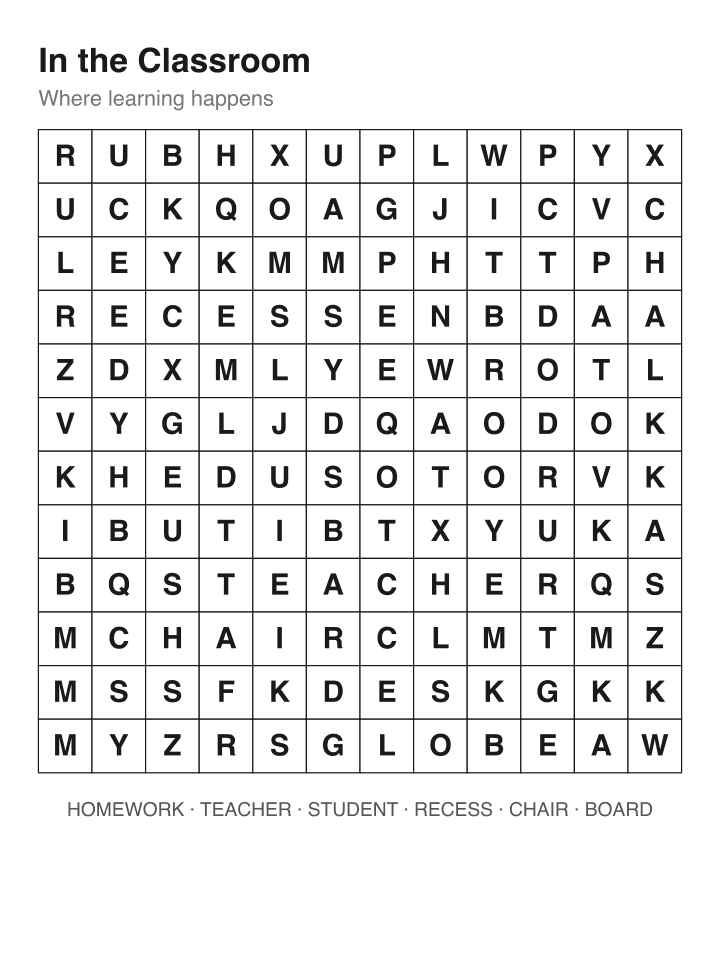 In the Classroom word search puzzle, 12 by 12 grid
