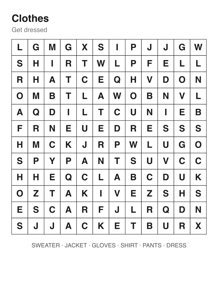 Clothes word search puzzle, 12 by 12 grid