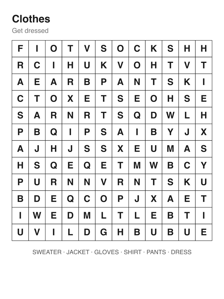 Clothes word search puzzle, 12 by 12 grid