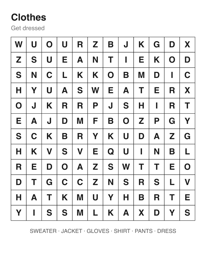 Clothes word search puzzle, 12 by 12 grid