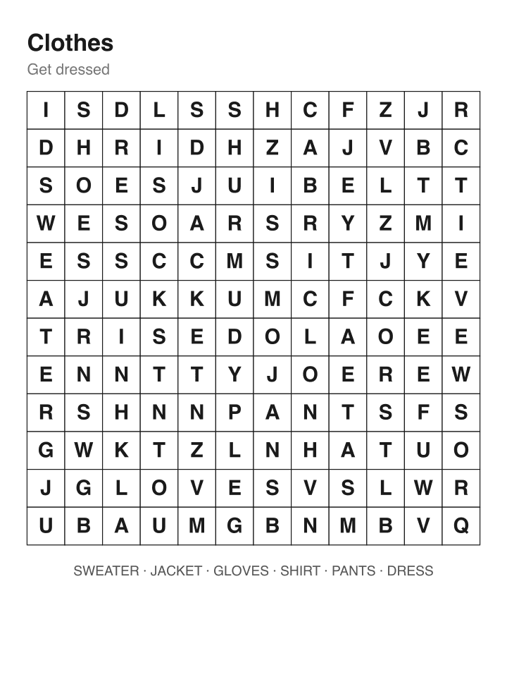 Clothes word search puzzle, 12 by 12 grid