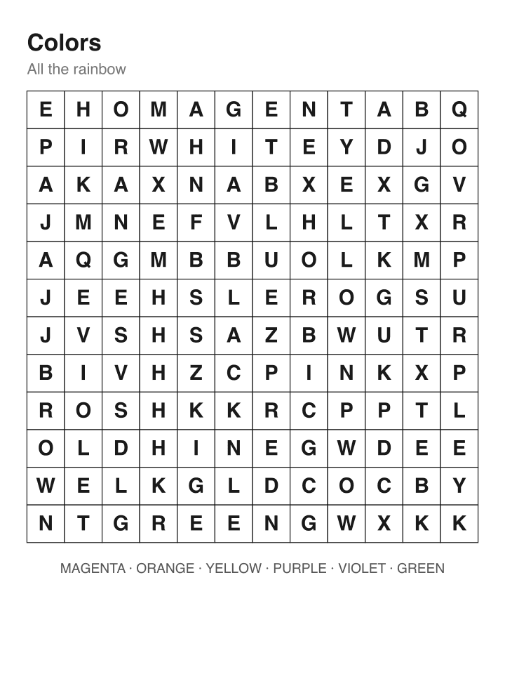 Colors word search puzzle, 12 by 12 grid