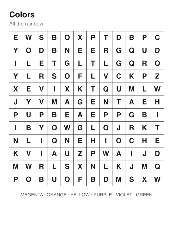 Colors word search puzzle, 12 by 12 grid