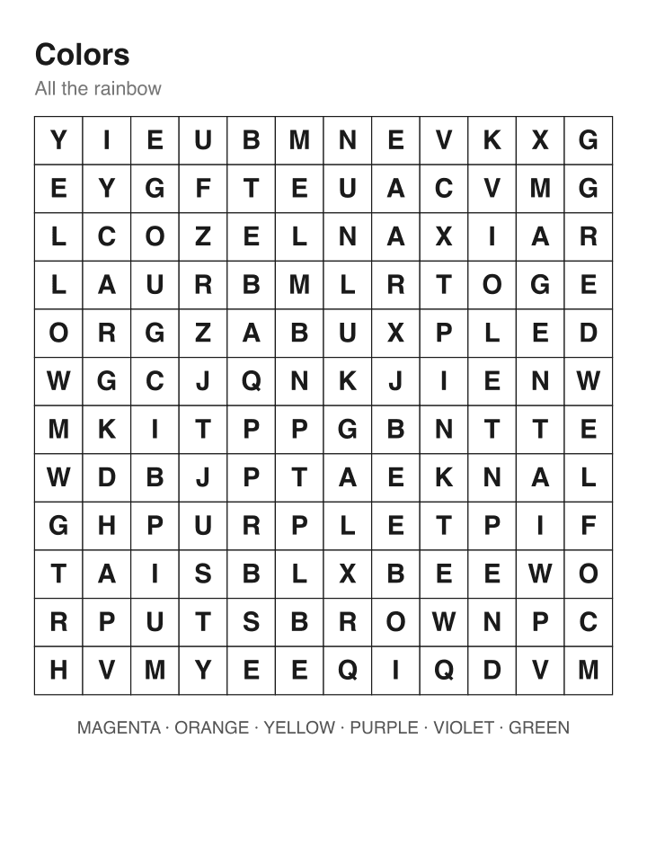 Colors word search puzzle, 12 by 12 grid