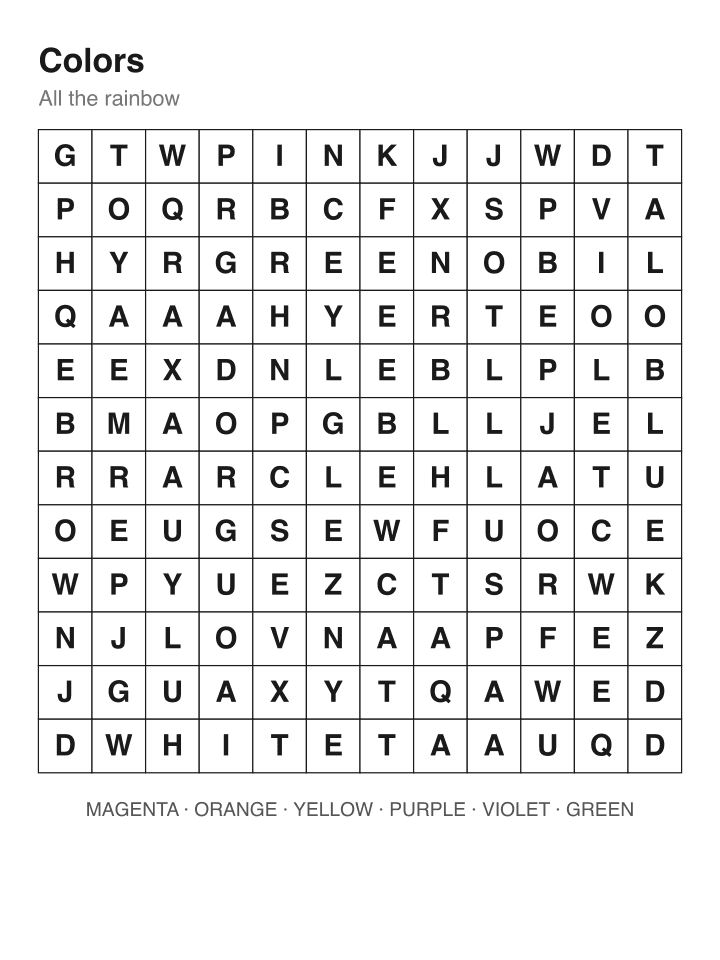 Colors word search puzzle, 12 by 12 grid