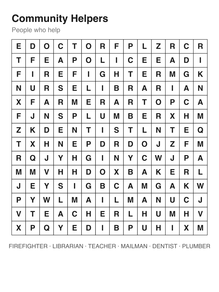 Community Helpers word search puzzle, 14 by 14 grid